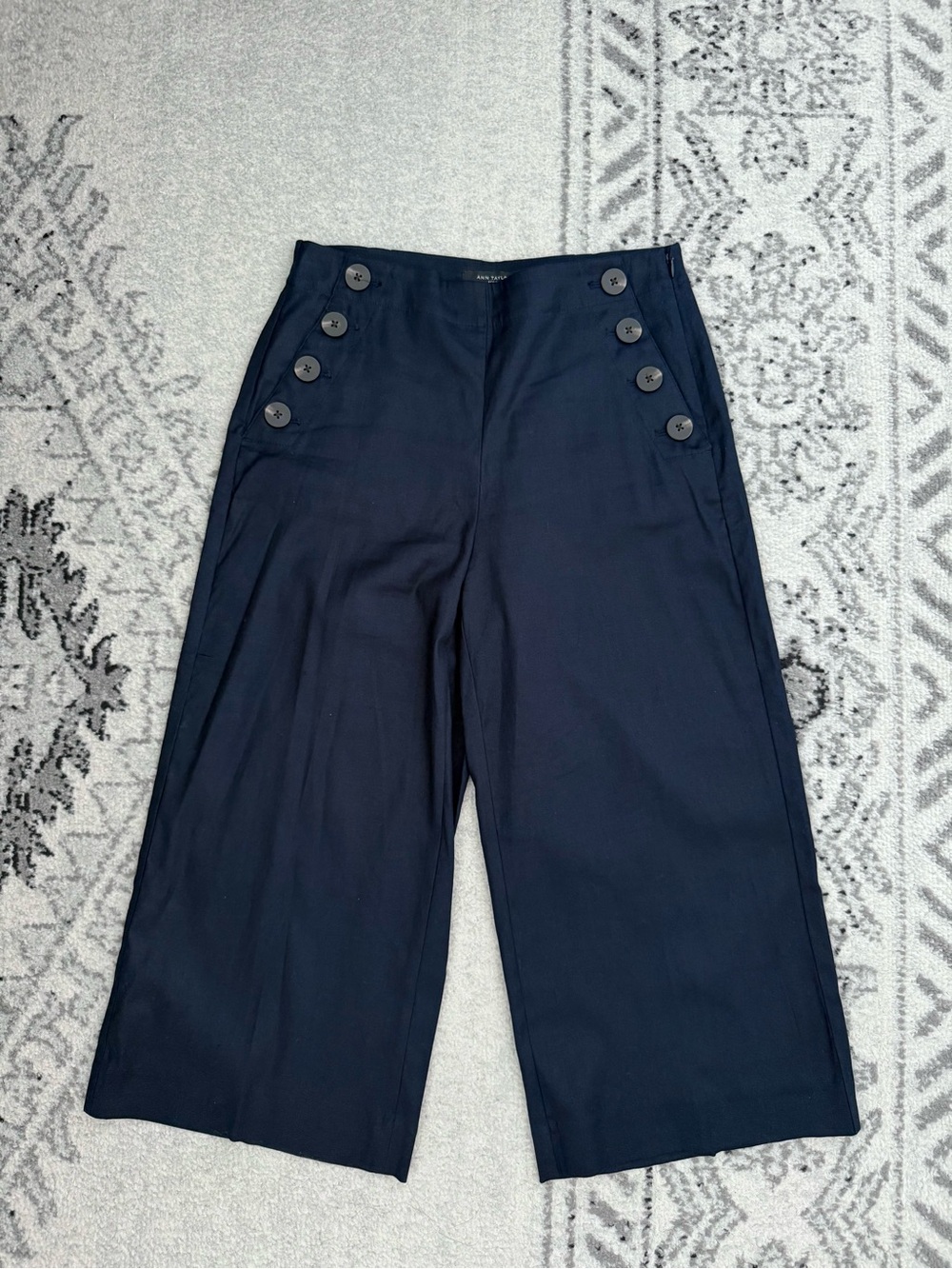 Ann Taylor Linen Wide Leg Sailor Navy Blue Cropped Pants